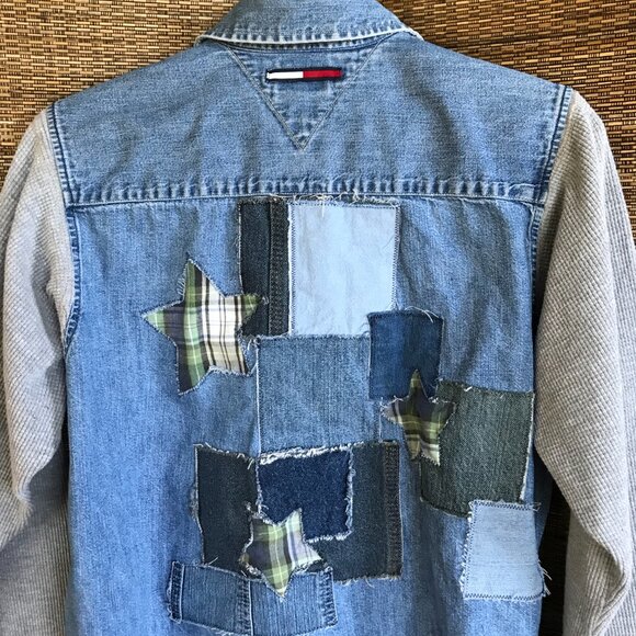 Upcycled Jean Jacket, M: Denim & Flannel Star Patchwork, Waffle Knit Sleeves - Picture 4 of 12